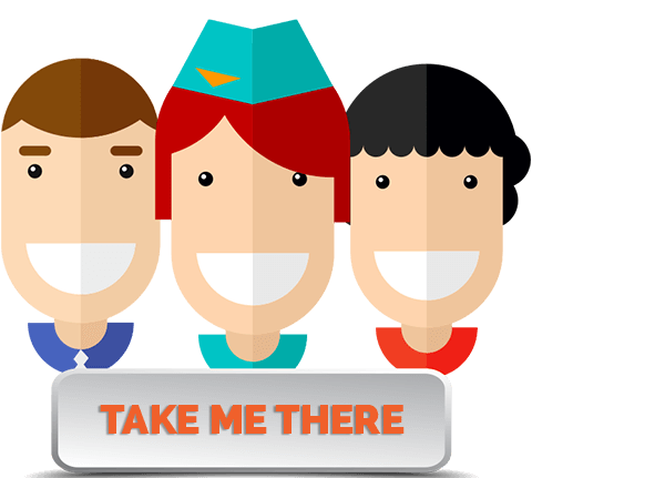 Three cartoon heads and button that says take me there